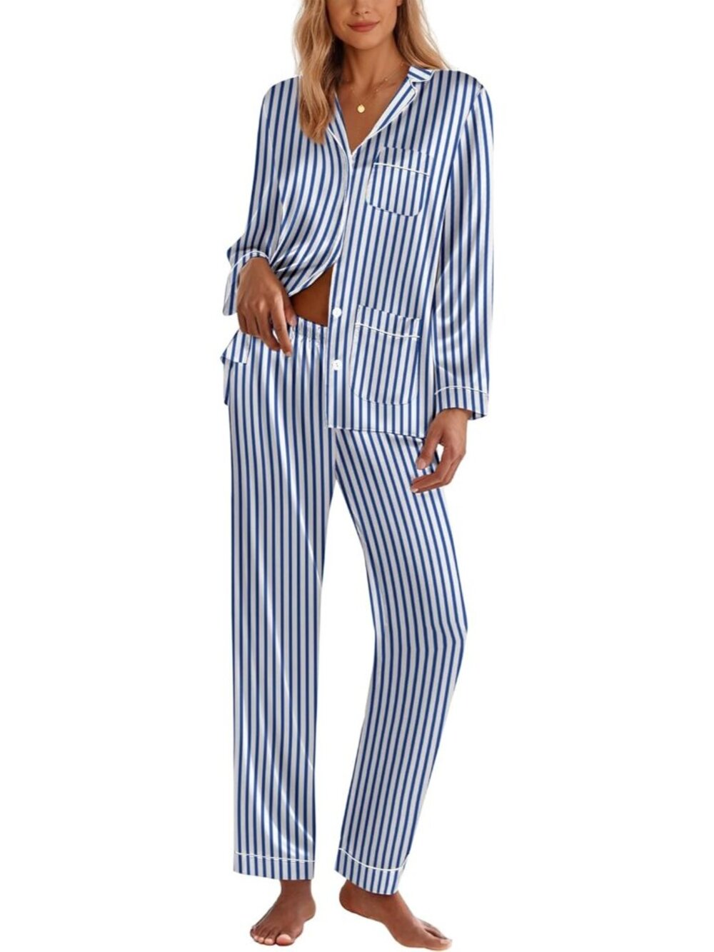 Women's Blue White Silk Button Down Long Sleeve Sleepwear Pajama Set with Pocket